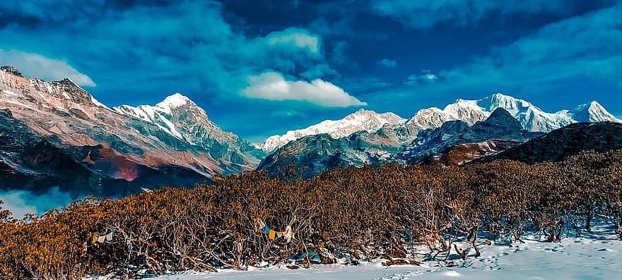 kalnai, piko, sniegas, himalajus, kanchenjunga, sikkim, Indija, kaime, goechala, kelionė, turizmą