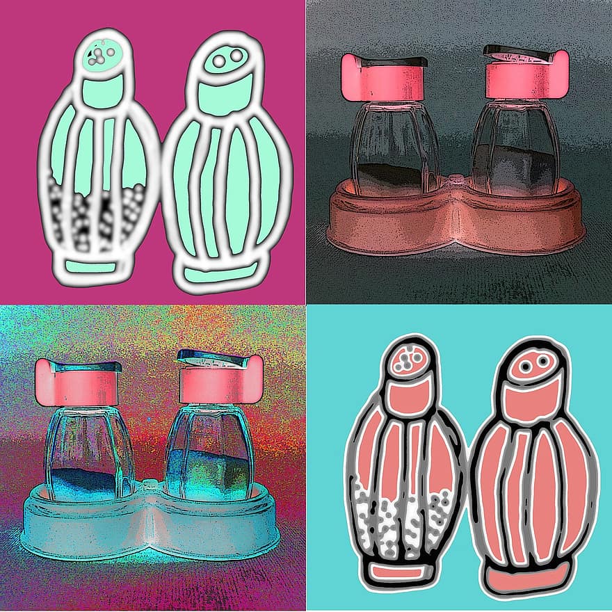 salt shaker, abstrakt, collage, peber, salt, farverig, tvillinger