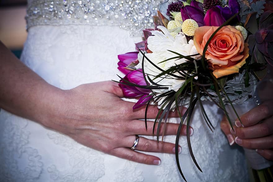 bloemen, boeket, huwelijk, bruid, ring, getrouwd, vrouw, romance, liefde, bloem, detailopname