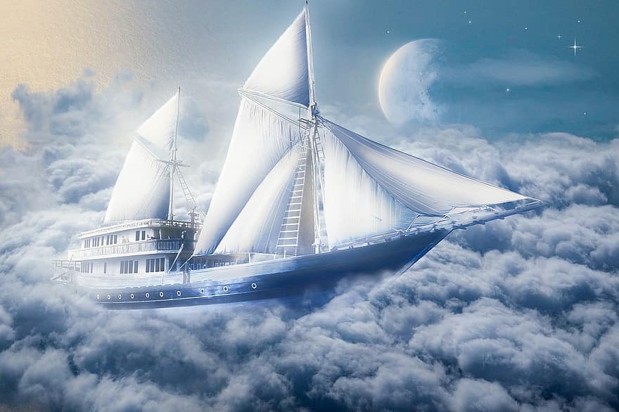 fantasi, kapal, langit, perahu layar, awan, bulan, bintang, mimpi, wallpaper, matahari terbenam, kapal laut