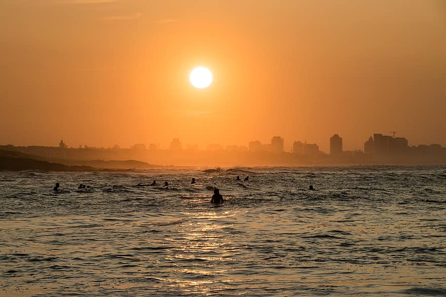 solnedgang, strand, silhuet, mand, surfer, bestyrelse, surfing, vand, hav, sommer, punta del este