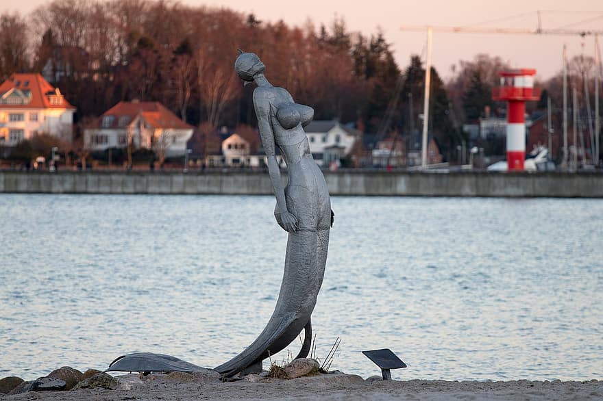 sirena, escultura, eckernförde, pueblo, parque, estatua, mar, playa, mar Báltico, arena, apuntalar