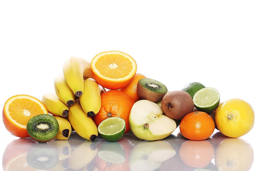 frukt, fersk, assortert, assorterte frukter, frisk frukt, produsere, innhøsting, organisk, ferske råvarer, refleksjon, speiling
