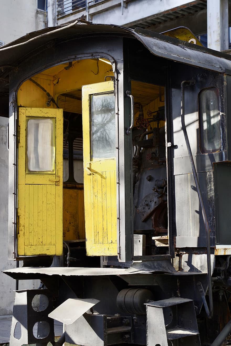 Train, Locomotive, Yellow, Vintage, Doors, Door, industry, transportation, old, rusty, metal
