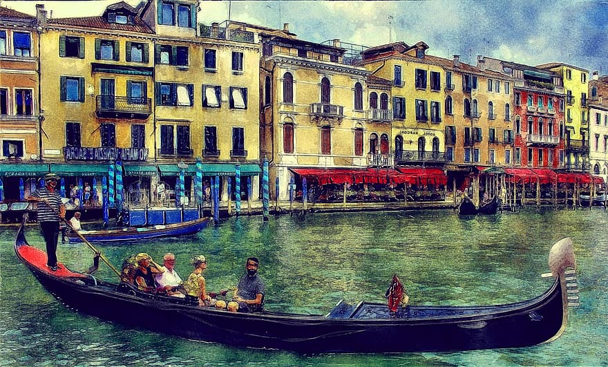 Benátky, kanál, gondola, Itálie, architektura, starý, budov, turista, atrakce, palác, fasáda
