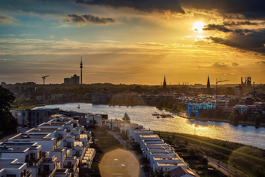 solnedgang, by, skyline, arkitektur, bybildet, skumring, bygning, vann, turisme, Dortmund