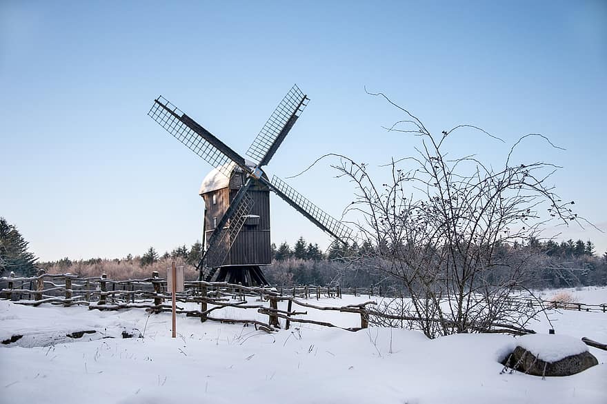Hjerl Hede, Windmill, Winter, Museum, Building, Fence, Snow, Snowy, Preserved Building, Open-air Museum, Landmark