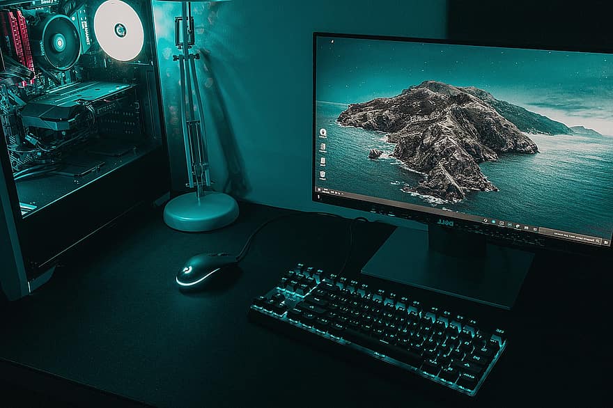 pc, desktop, tastatur, overvåge, skrivebord, mus, lampe, arbejdsstation