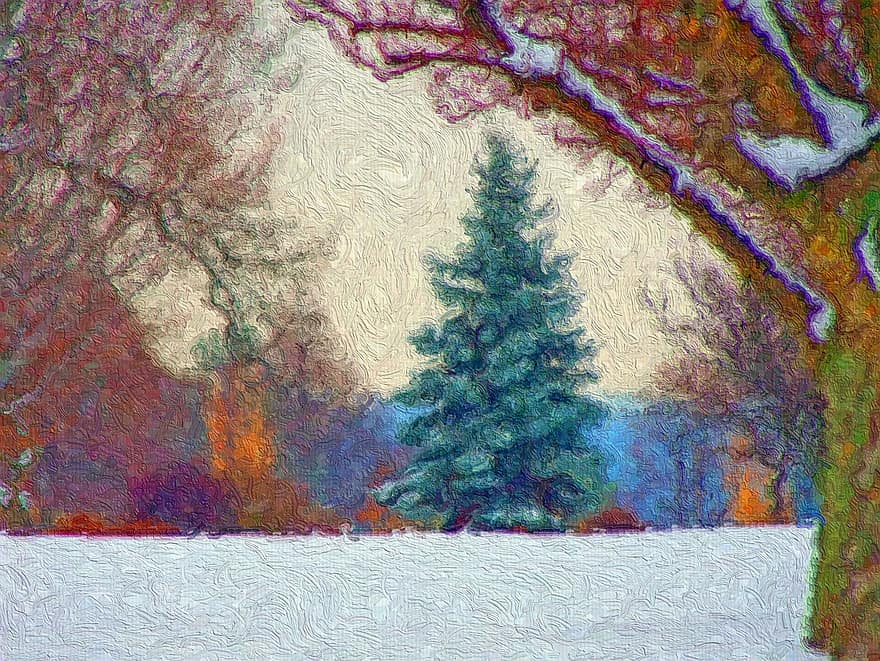 pintura, arte, sempre-viva, árvore, neve, inverno, Natal