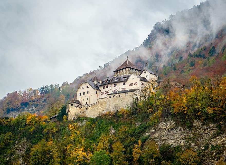 kasteel, vesting, Bos, mist, bomen, heuvel, Vaduz