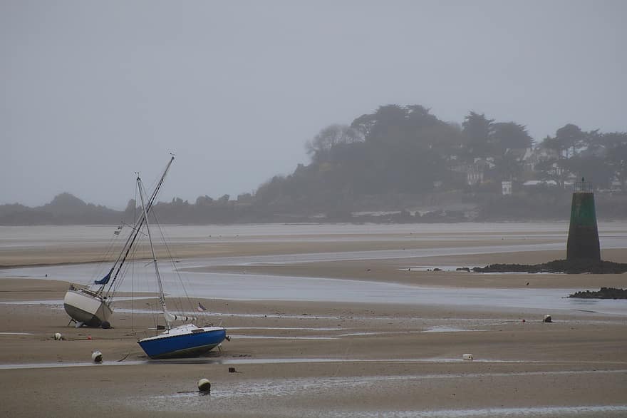 Beach, Seaside, Shore, Beacon, Fog, Bretagne, Brittany, nautical vessel, water, sand, coastline