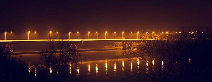 tiltas, šviesos, naktis, upė, atspindys, miesto