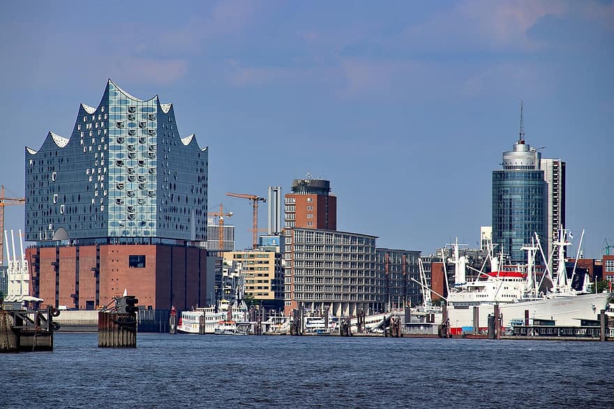 Хамбург, филармония в Елба, река, порт, кораб, град, силует, небостъргачи, сгради, градски, концертна зала
