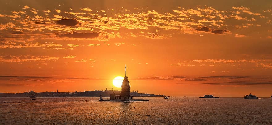 برج العذراء ، اسطنبول ، غروب الشمس ، البحر ، مضيق ، kiz kulesi ، üsküdar ، البوسفور ، شمس ، ضوء الشمس ، برج