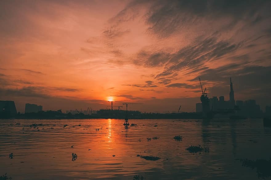 folyó, Napkelte, ég, tájkép, Ho Si Minh Város, Ázsia, folyóparti, felhő, szép, a tenger