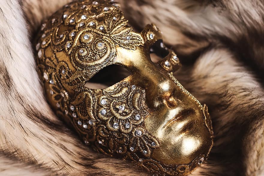 masquerade, venetian maske, gylden maske, kostyme, karneval, gull, dekorasjon, maske, forkledning, nærbilde, gullfarget