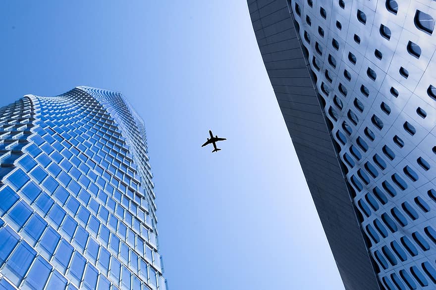 vliegtuig, stad, gebouw