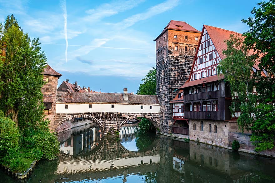 сграда, мост, средна възраст, поток, средновековния град, Нюрнберг, Бавария, швейцарски франкове, Германия, съцветие, Пегниц