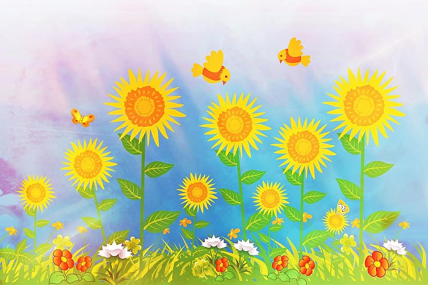 zonnebloem, collage, zomer, bloemen, wenskaart, sjabloon, vrolijk, kleurrijk, vogelstand, vlinders, achtergrond