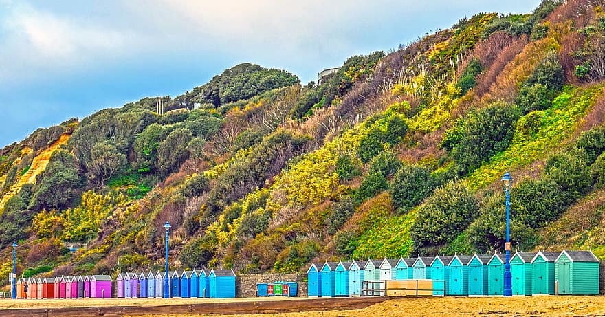 Beach, Beach Huts, Colorful Beach Huts, Mountain, Cliff, Seaside, Bournemouth, England, Uk, landscape, rural scene