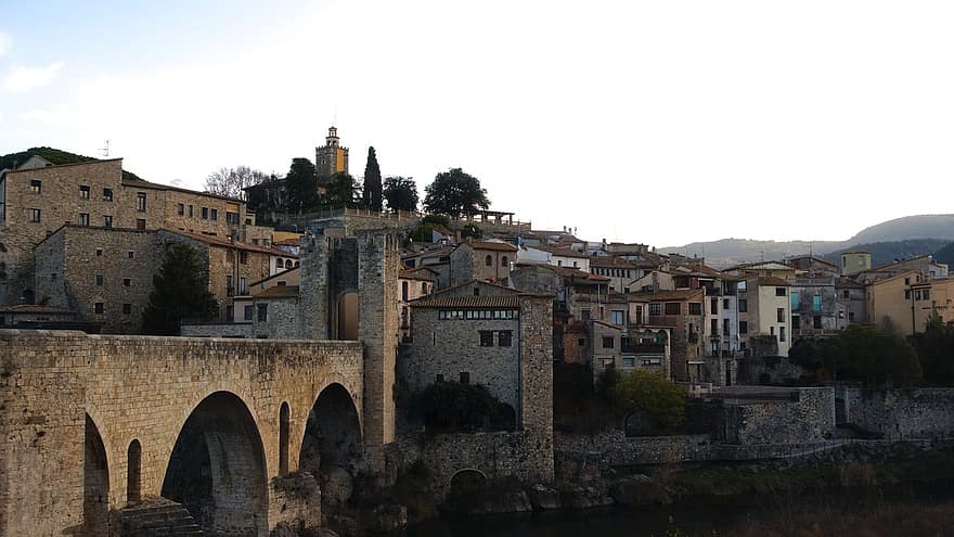 мост, средневековый, заход солнца, башня, городок, Бесалу, Каталония, архитектура, известное место, городской пейзаж, история