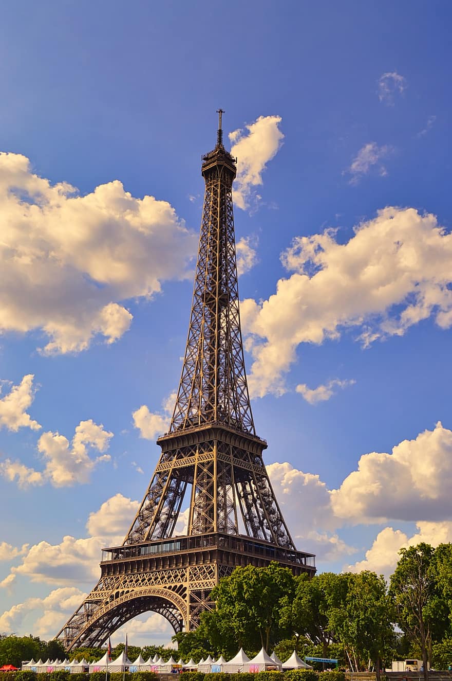 Ейфелева вежа, вежа, архітектура, небо, хмари, орієнтир, Париж