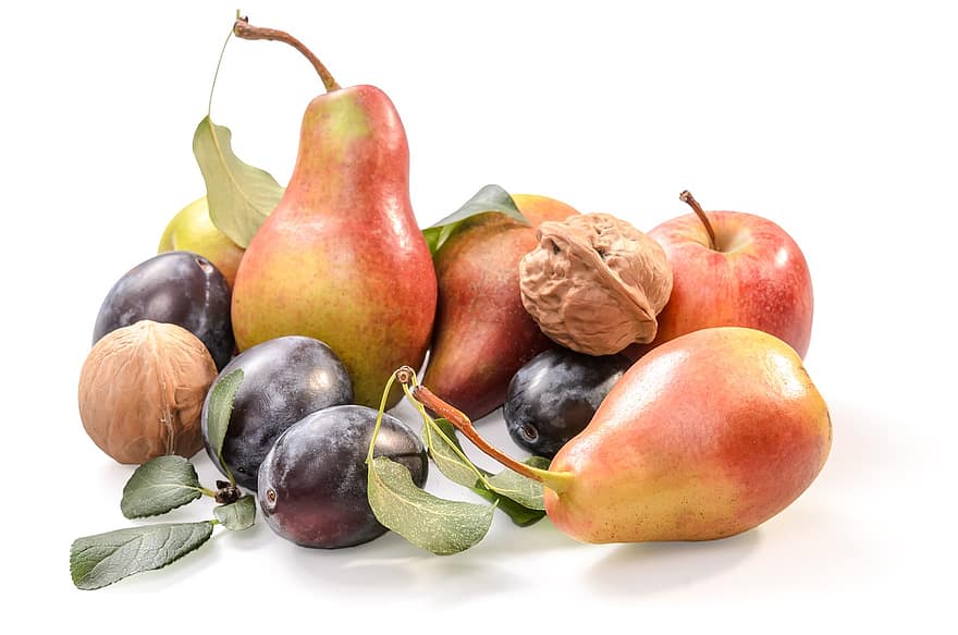 фрукти, груші, стиглі плоди, сливи, яблуко, ізольовані