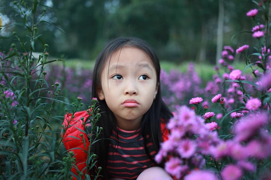 Girl, Young, Child, Kid, Flowers, Field, Outdoor, Meadow, Expression, Gesture