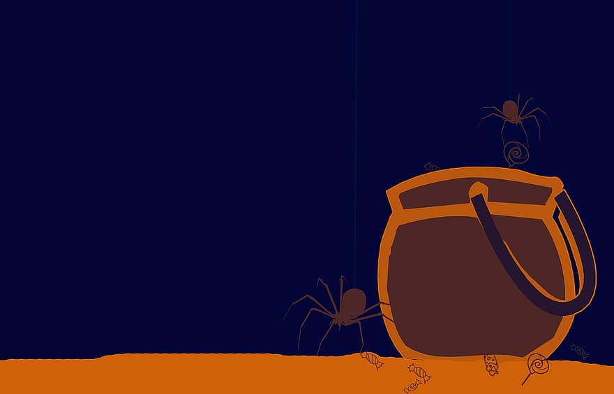Haloween, Trick Or Treat, Spider, Bowl, Background, Card, Funny, Cartoon, Blue, Orange, Scary