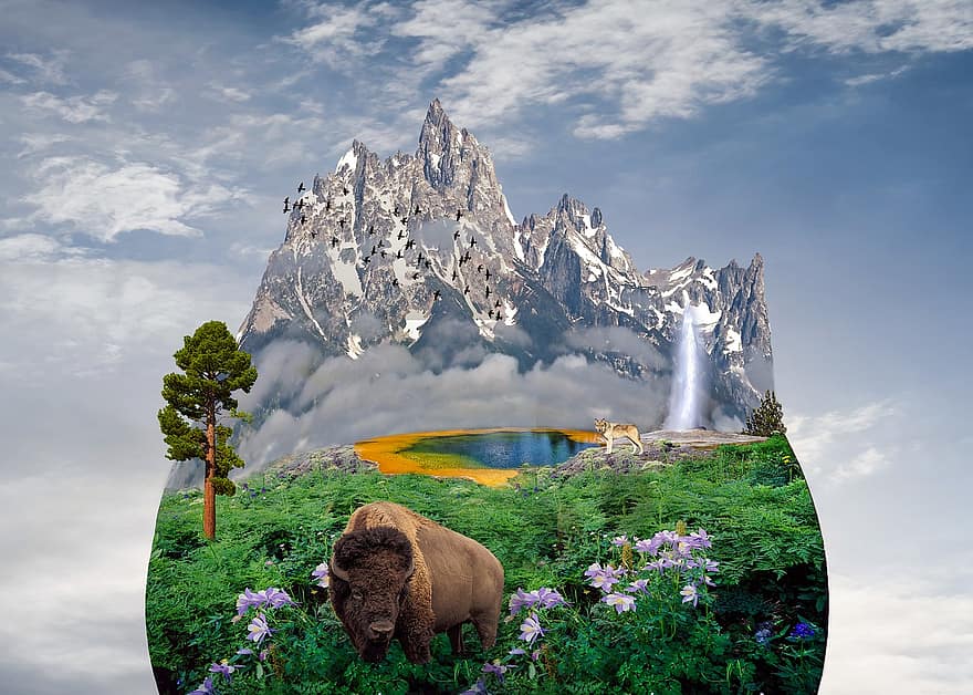 Earth, Planet, Mountains, Yellowstone, Geyser, Sulfur Pool, Bison, Wolf, Pine Tree, Blue, Sky