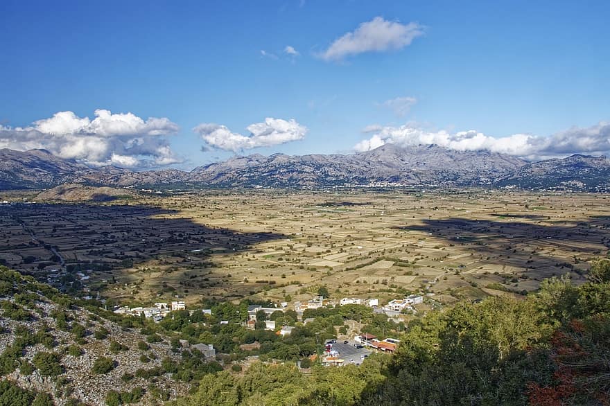 Greece, Crete, Lasithi Plateau, Plateau, Landscape, Mountains, Hill, Trees, Green, Heaven, Clouds