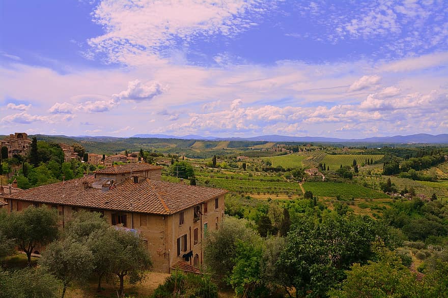 ciel, des nuages, campagne, vert, paysage, Saint Gimignano, toscane, Italie, tourisme