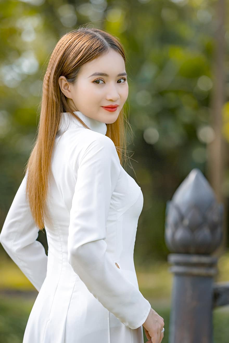 ao dai, moda, mulher, retrato, Vestido Nacional do Vietnã, vestir, tradicional, menina, bonita, pose, modelo