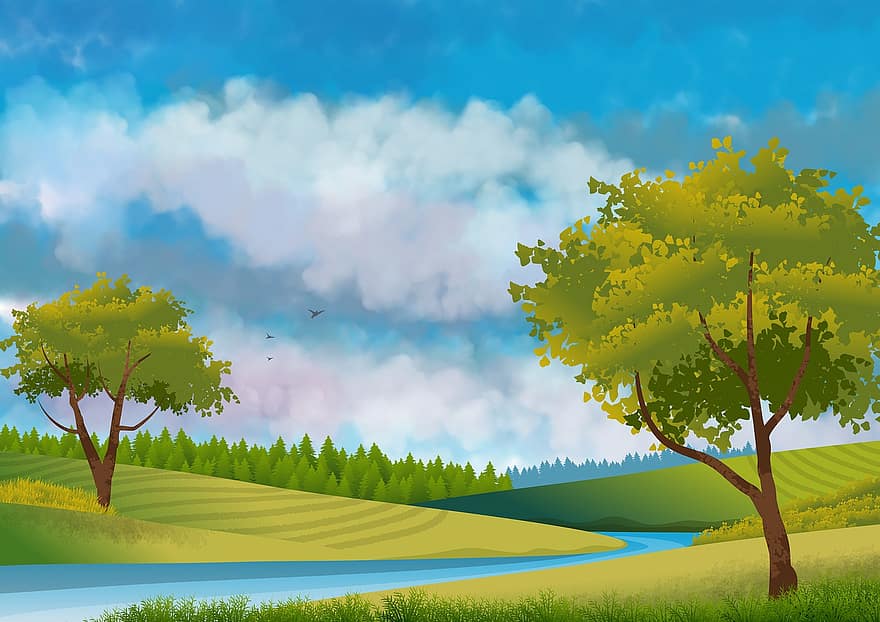il·lustració, paisatge, fons, arbres, art, disseny, naturalesa, cel, núvols, prado, turons