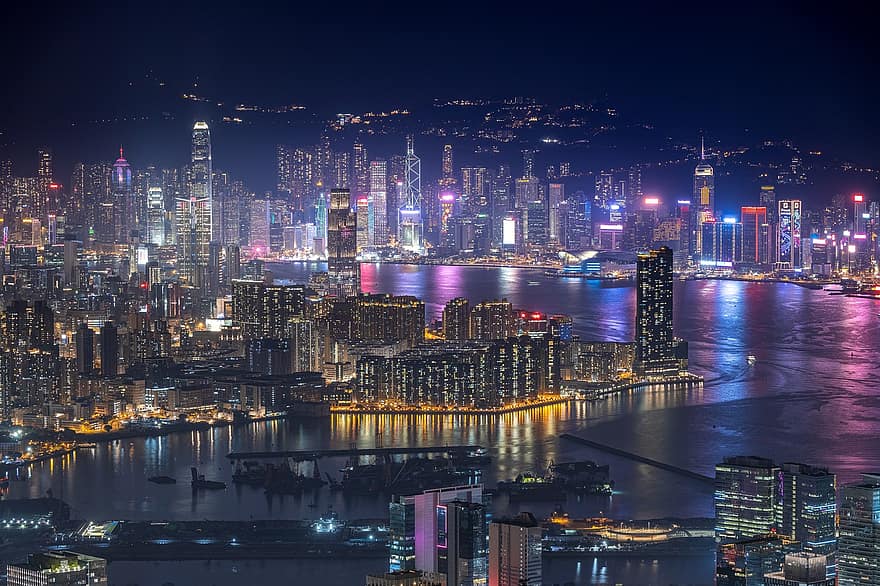 небостъргачи, сгради, пристанище, силует, нощен изглед, нощ, град, пристанище на виктория, Хонг Конг, градски пейзаж