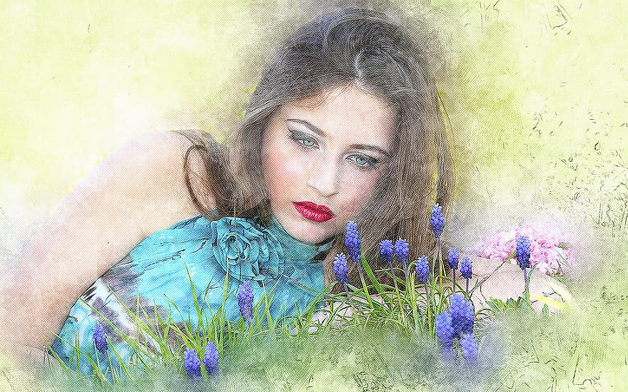 meisje, vrouw, model-, jong, mooi, bloemen, de lente, blauwe ogen, schoonheid, veld-, natuur