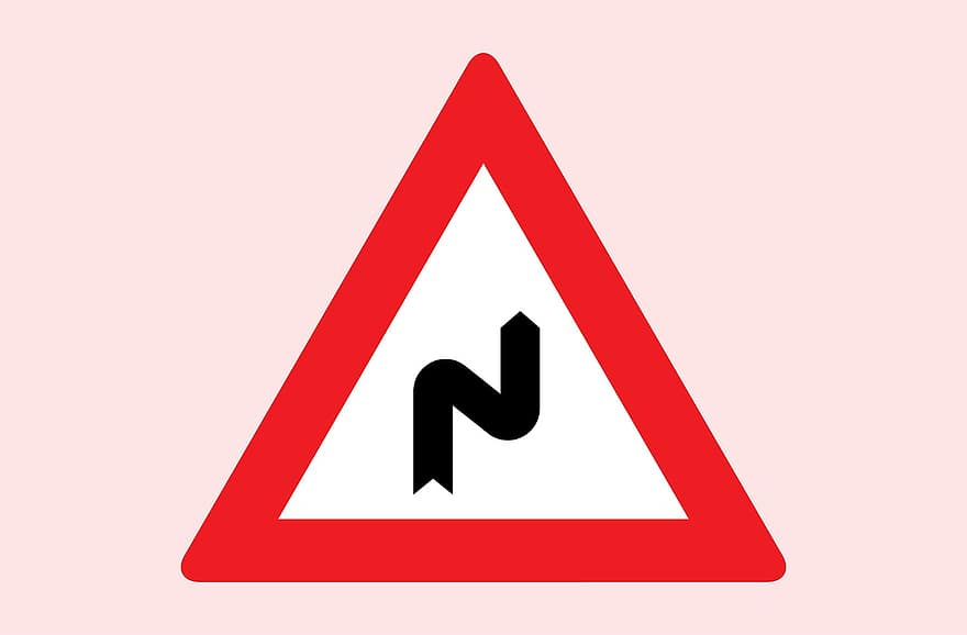 危険な、曲線、符号、道路、警告、赤、トラフィック、注意、矢印、シンボル、通り