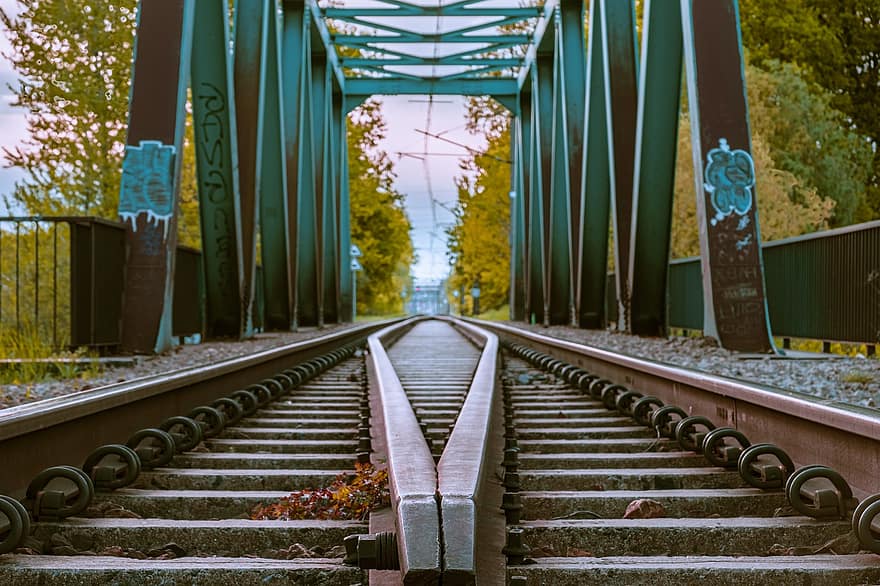 pont, vies del tren, vies ferroviàries, camp, vies del ferrocarril, punt de fuga, transport, perspectiva decreixent, acer, metall, arquitectura