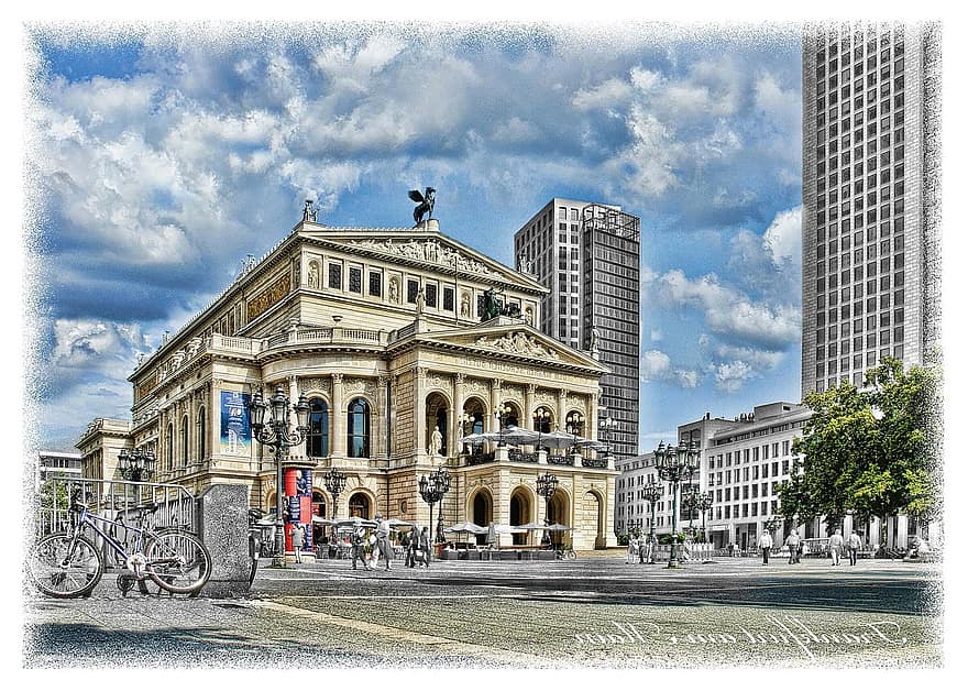 teatteri, rakennus, arkkitehtuuri, Frankfurt, kuvayhdistelmä, piirtää, abstrakti, epätodellinen, taide, frankfurt am Main Saksa, keskustassa