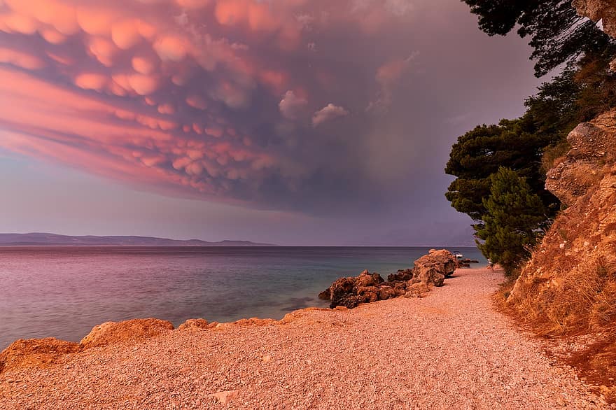 Beach, Sunset, Croatia, Mammatus, Sea, Adriatic Sea, Dalmatia, Vacation, Travel