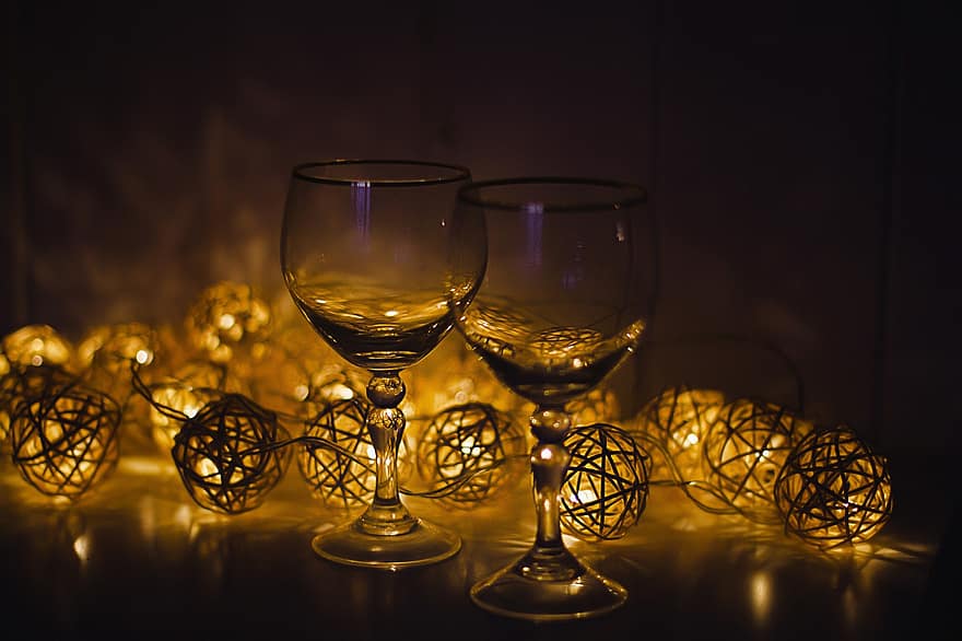 Wine Glasses, Glasses, Lights, Garland, Decoration, Glassware, Alcohol, Couple, Pair, wine, wineglass