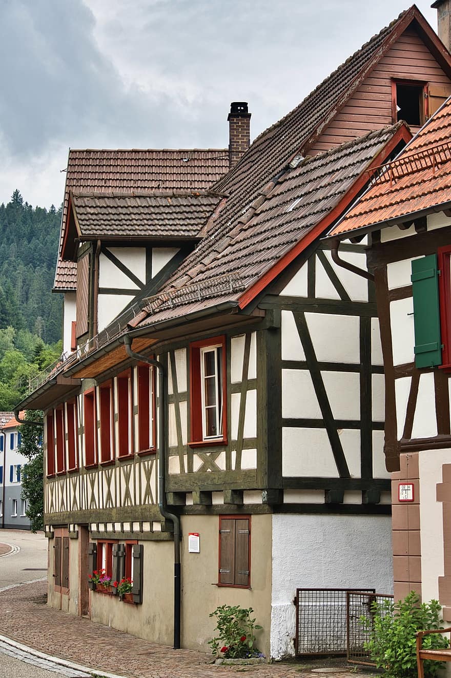miasto, dom, wioska, tradycyjny, dach, architektura, na zewnątrz budynku, drewno, z muru pruskiego, kultury, dachówka