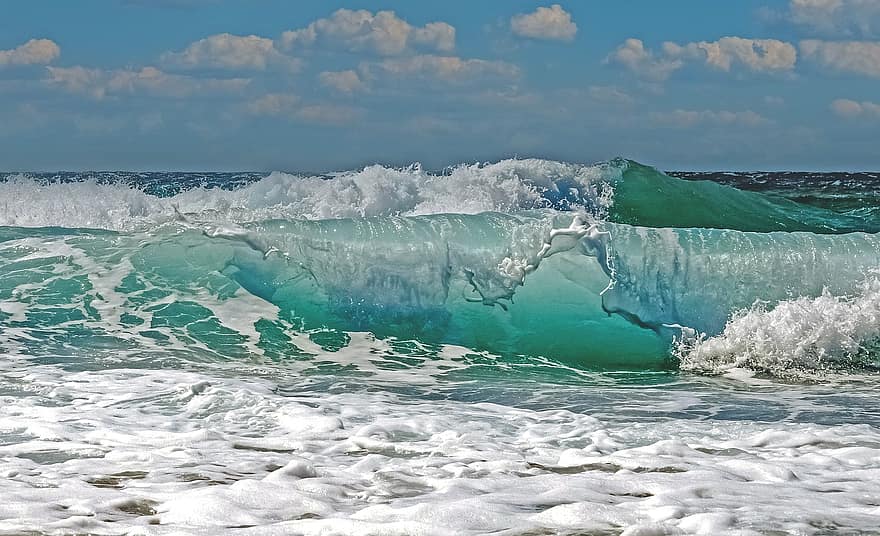 sóng, đại dương, đập vỡ, Thiên nhiên, Nước, lướt sóng, bầu trời, những đám mây, chân trời, gió, năng lượng