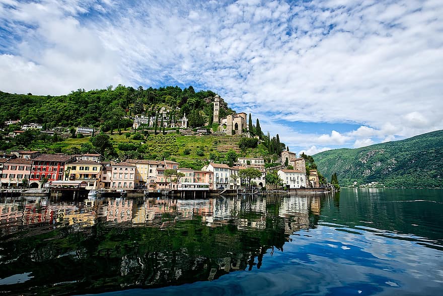morcote, ežeras, saloje, tikino, Šveicarija, Alpės, Lugano ežeras, ledinis ežeras, kalnas, vanduo, vasara