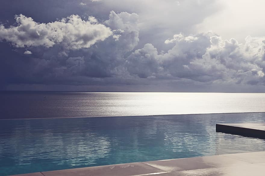 Grecia, piscina, piscina a sfioro, nuvole, Preveza, blu, acqua, estate, nube, cielo, paesaggio