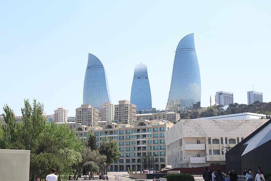 město, mrakodrapy, baku, Ázerbajdžán, panoráma, budov, v centru města, městský
