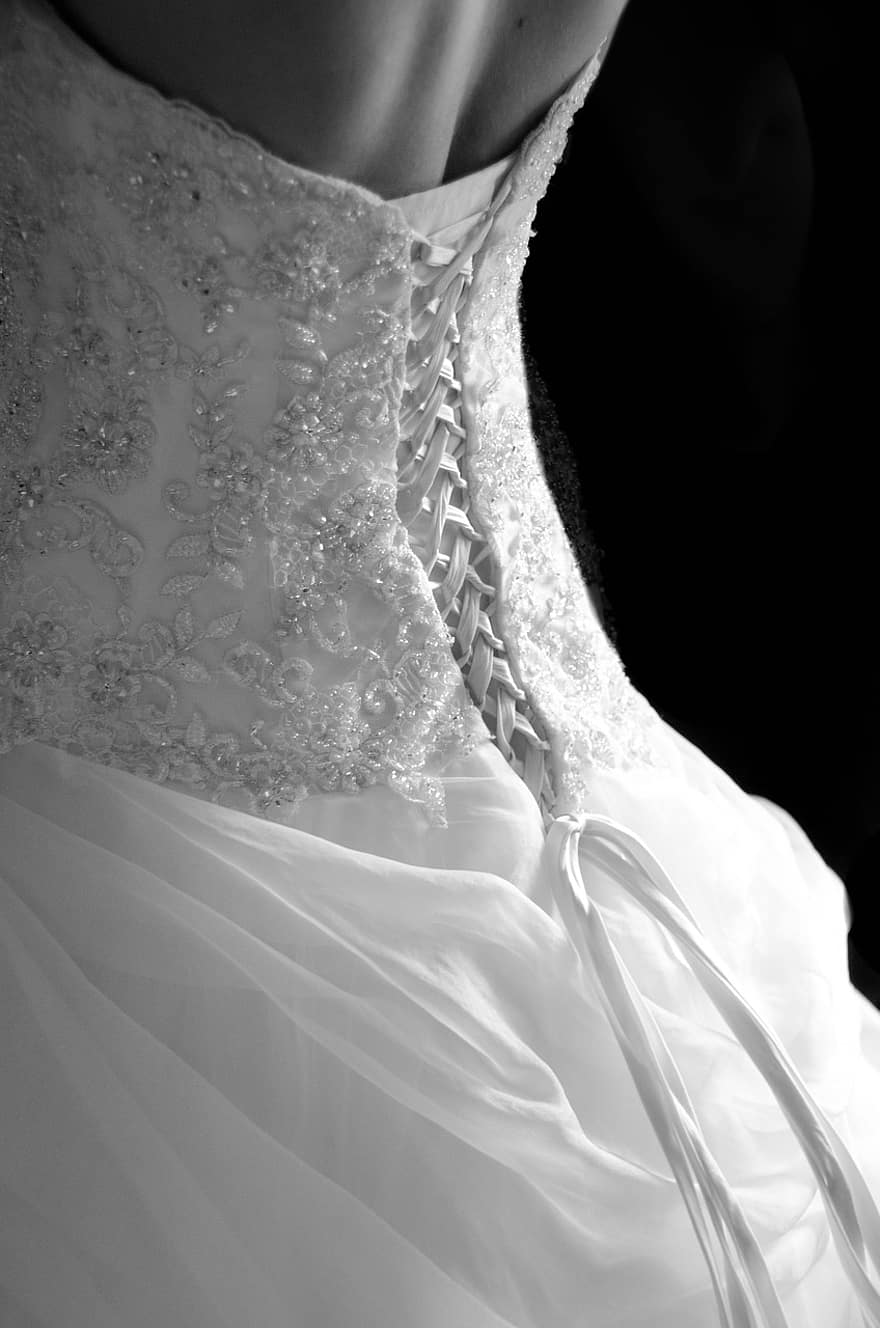 casament, vestit de núvia, vestit blanc, vestit, dona, cordons, esquena, corba