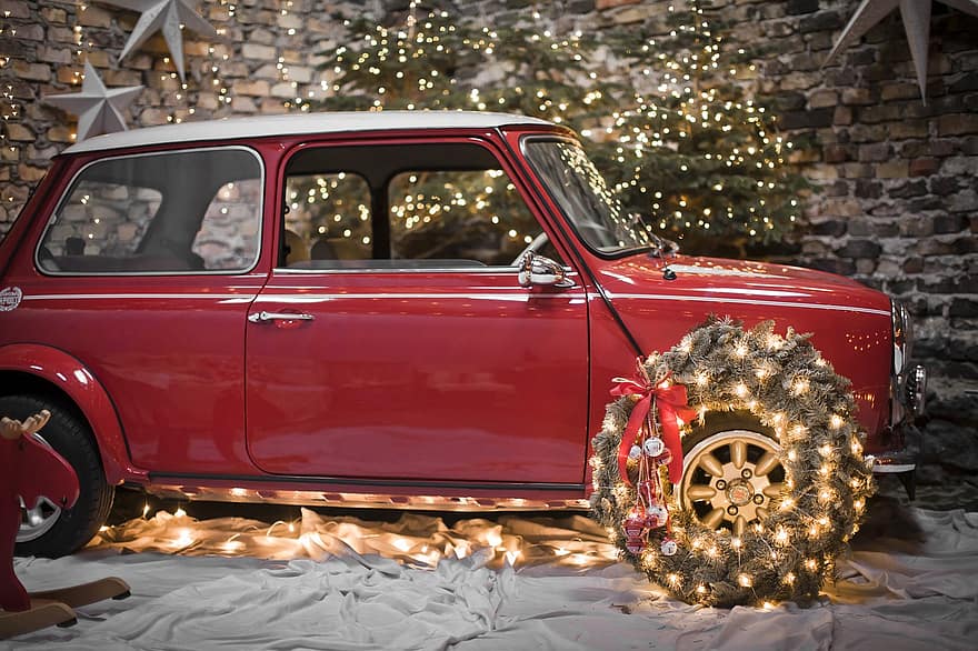 jul, vintagebil, bil, kjøretøy, feiring, land kjøretøy, transport, vinter, dekorasjon, skinnende, hjul