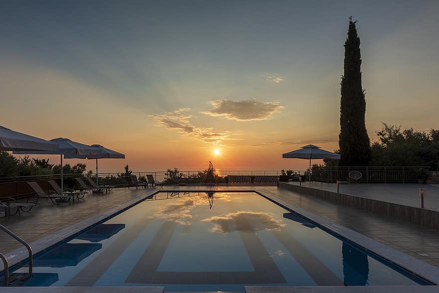 Sunset, Pool, Sea, Greece, Island, Hotel, Water, Sky, Dusk, Landscape, Travel