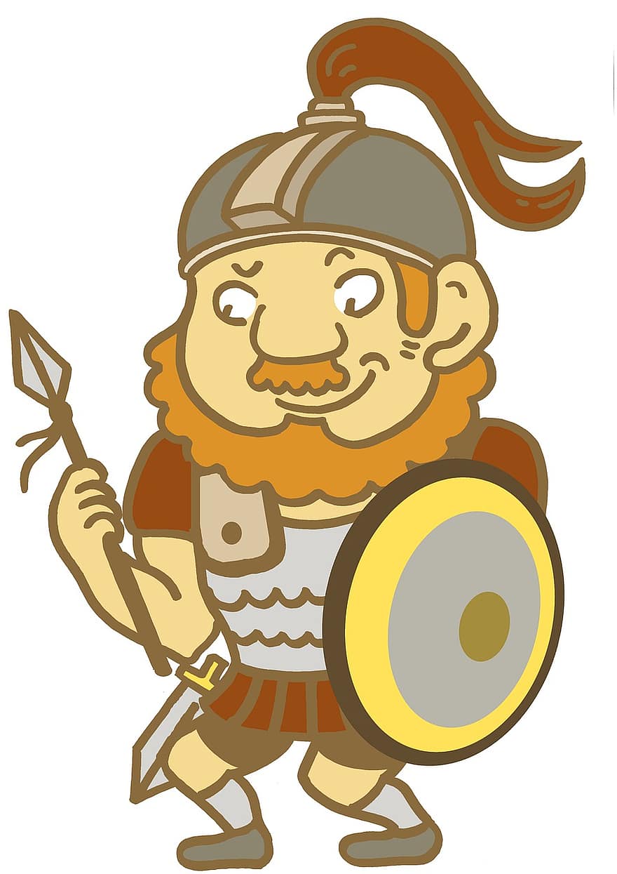 Golias, personagem, Bíblia, desenho animado, luta, armaduras, escudo, espada, barba